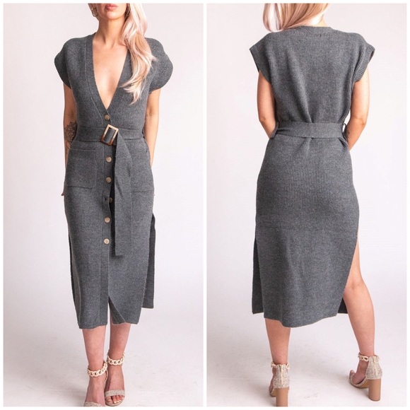 Malibu Bum Dresses & Skirts - MALIBU BUM Button Down Charcoal Gray Sweater Midi Dress